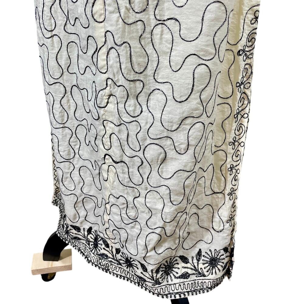 Vintage 70s Kaftan Maxi Dress Cream Black Geometric Embroidered Size Small - Picture 10 of 13